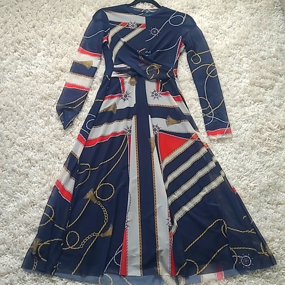 H&M Dresses & Skirts - H&M Nautical Navy A-line Fit & Flare Midi Dress Lined w/Sheer Overlay Women XS